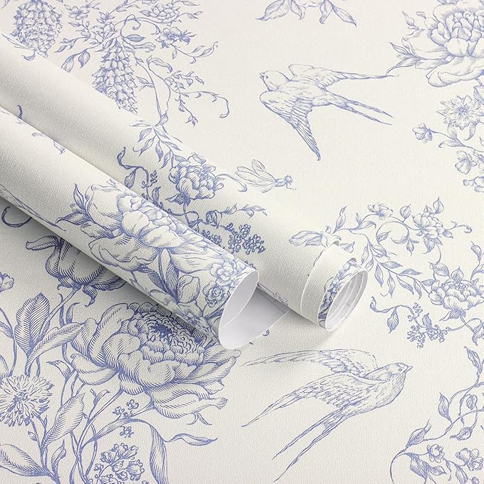 Cream White and Blue Peel and Stick Wallpaper Vintage Floral Contact Paper 16.9"x 196.8" Blue Floral Wallpaper Peel and Stick Birds Self Adhesive Removable Wall Paper for Bedroom Bathroom