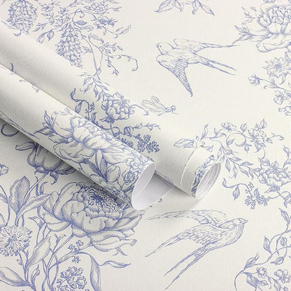 Cream White and Blue Peel and Stick Wallpaper Vintage Floral Contact Paper 16.9"x 196.8" Blue Floral Wallpaper Peel and Stick Birds Self Adhesive Removable Wall Paper for Bedroom Bathroom
