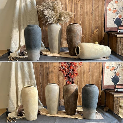15 Inch Vintage Farmhouse Decor Ceramic Rustic Vase, Handmade Brown Flower Vases for Centerpieces, Living Room & Kitchen Shelf Decorative Pottery Vase for Home Decor