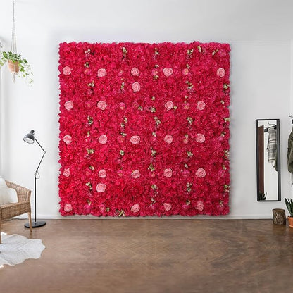 Silk Flowers Wall Rose Red-12Pack Artificial Floral Wall Panels Faux Hydrangea Peony Flower Panels for Wedding Party Event Thanksgiving Decor Photography Home Decor