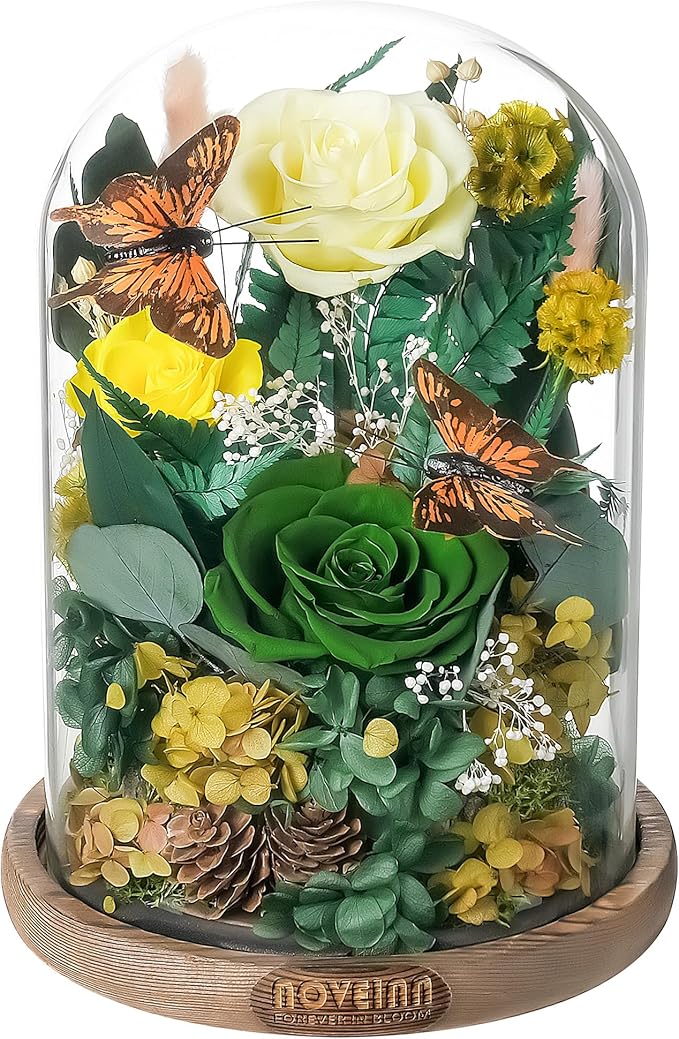 NOVEINN Preserved Flowers in Glass Dome - Eternal Rose Arrangement with Real Preserved Plants, Romantic Forever Rose Gift for Women - Anniversary, Birthday, Mother’s Day, Home Decor(Yellow)