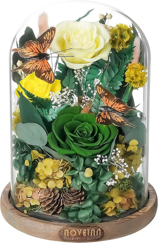NOVEINN Preserved Flowers in Glass Dome - Eternal Rose Arrangement with Real Preserved Plants, Romantic Forever Rose Gift for Women - Anniversary, Birthday, Mother’s Day, Home Decor(Yellow)