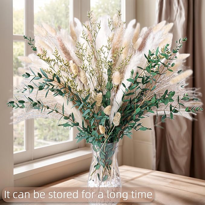 Green Pampas Grass Bouquet – Boho Home & Wedding Floral Arrangements – Dried Pampas Grass Decor for Living Room, Fireplace, and Modern Farmhouse