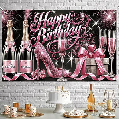 Happy Birthday Backdrop Banner Glitter High Heels Wine Glass Photography Background Poster for Women Girls Birthday Party Decorations Supplies 71 x 43 Inch