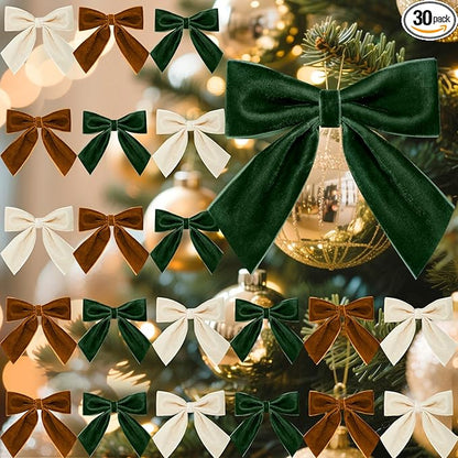 30 Pcs Velvet Ribbon Bows 5" x 4" Pre Tied Christmas Velvet Bows with Twist Tie for Gift Packaging Christmas Tree Wreaths Door Windows Wedding Party Decoration(Forest Color)
