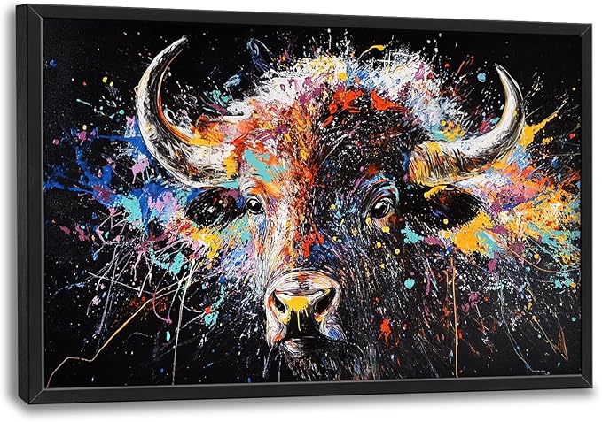 Large Graffiti Highland Cow Wall Art for Living Room, Framed Oversized Bison Buffalo Wall Decor Banksy Canvas Painting Animal Pictures Modern Artwork for Living Room Bedroom Office 36"x24"