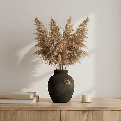 Ceramic Flower Vase, 6-Inch Black Pottery Rustic Farmhouse Boho Vase, Handcrafted Decorative Vase for Home Decor, Centerpieces, Table, Living Room, Mantel, Shelf