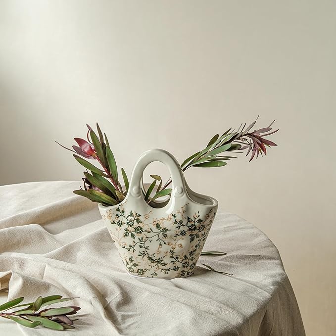 Ceramic Purse Vase for Flowers, Cute Handbag Vases, Vintage Green and Beige Floral Vase, Rustic Farmhouse Vases for Living Room, Kitchen, Bedroom, Table Centerpiece, Chinoiserie and Tuscan Decor 9 in