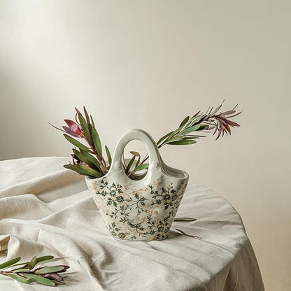 Ceramic Purse Vase for Flowers, Cute Handbag Vases, Vintage Green and Beige Floral Vase, Rustic Farmhouse Vases for Living Room, Kitchen, Bedroom, Table Centerpiece, Chinoiserie and Tuscan Decor 9 in