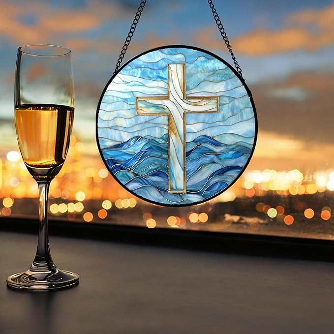 Christian Gifts for Women - Blue Cross Stained Glass Window Hanging Jesus Easter Ocean Waves Sun Catcher Garden Religion Decor Mother's Day Catholic Gift for Men Grandma Mom Her Nana 9.8"