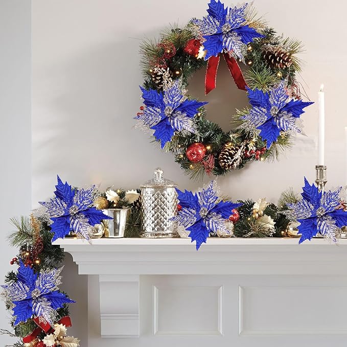10'' Large Christmas Glitter Poinsettia Flowers Decorations, stadeco 10 Pcs Christmas Tree Picks Ornaments Artificial Flowers with Long Stems for Xmas Tree Wreath Garland Wedding Party DIY Decor