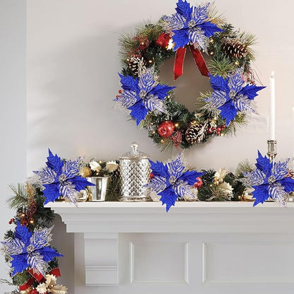 10'' Large Christmas Glitter Poinsettia Flowers Decorations, stadeco 10 Pcs Christmas Tree Picks Ornaments Artificial Flowers with Long Stems for Xmas Tree Wreath Garland Wedding Party DIY Decor