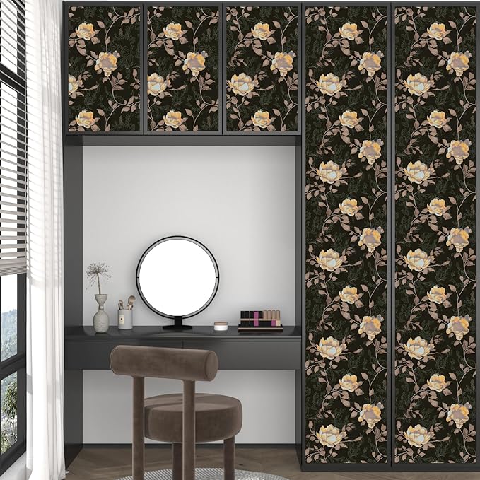 Black Orange Floral Peel and Stick Wallpaper Flowers Contact Paper 17.5"x118" Self Adhesive Waterproof Vintage Dark Floral Wall Paper for Shelf Liner Cabinet Decor