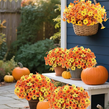12 Bundles Artificial Fake Mums Flowers for Outdoor Faux Silk Orange Yellow Daisy Realistic UV Resistant No Fade Fake Plants Flowers for Planter Porch Patio Indoor Thanksgiving Decor