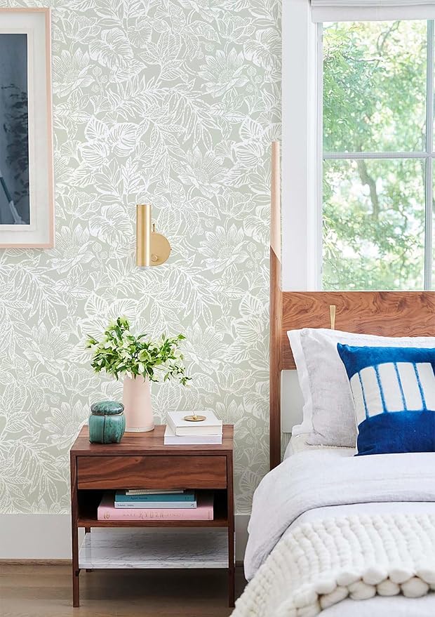 Peel and Stick Wallpaper Modern Wall Paper Green Boho Contact Paper Bedroom Bathroom Wallpaper Peel and Stick Light Green Tropical Leaf Removable Self-Adhesive Wall Decor 17.3" x 118"