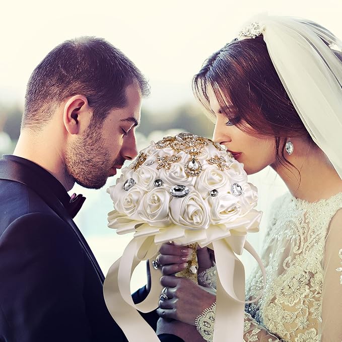 Handmade Brooch Wedding Flowers Bridal Bouquets Crystal Bride Holding Bouquet White Ivory Satin Roses with Diamond Pearl Ribbon (Luxury-Glod)