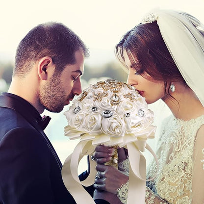 Handmade Brooch Wedding Flowers Bridal Bouquets Crystal Bride Holding Bouquet White Ivory Satin Roses with Diamond Pearl Ribbon (Luxury-Glod)