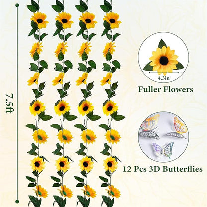 4 Pack Sunflower Garland Fall Girasoles Decorations,7.5ft Silk Artificial Sunflowers Fake Hanging Vines with Green Leaves Garland for Birthday Backdrop Outdoor Wedding Decor