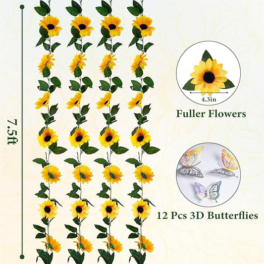 8 Pack Artificial Sunflower Garland Decor,Fake Sunflowers Outdoor Hanging Vines with Green Leaves,Silk Flower Garlands for Birthday Tables Centerpieces Party Wedding Decortions