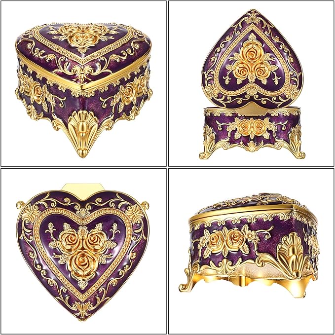 Hipiwe Decorative Jewelry Box Purple Vintage Jewelry Storage Case with Rose Pattern Heart Shaped Treasure Chest Box for Earrings Ring Necklace Keepsake Organizer