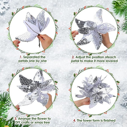 6 Pcs 10.6'' Christmas Large Silver Mirrored Poinsettias with Clips Artificial Glitter Poinsettias Flowers Christmas Tree Ornaments for Xmas New Years Eve Garland DIY Project Winter Wedding Decor