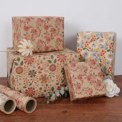 Aimyoo Watercolor Floral Kraft Wrapping Paper Roll, 17 inch x 16.4 ft All Occasion Vintage Flower Gift Wrap for Wedding Birthday Bridal Shower