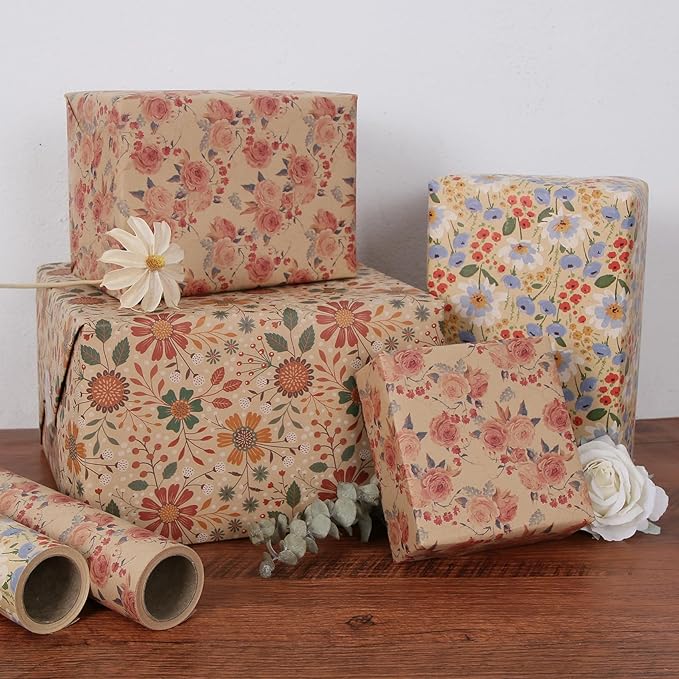 Aimyoo Kraft Floral Wrapping Paper Roll - Mini Roll - 17 Inch x 16.4 Feet - All Occasion Vintage Flower Gift Wrap Paper for Mother's Day Wedding Birthday Bridal Shower