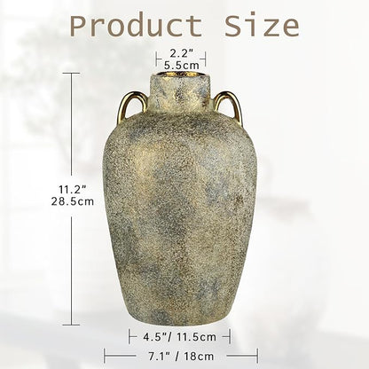 Large Ceramic Vase, 11.2" Tall Rustic Farmhouse Vase, Vintage Flower Vase with 2 Ears, Electroplated Terracotta Boho Vases for Home, Living Room, Shelf, Mantel, Entryway, Wedding, Tabletop Decor