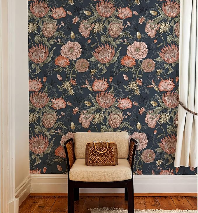 Floral Wallpaper Peel and Stick Floral Contact Paper Dark and Pink Vintage Wall Paper Removable Self Adhesive Vinyl Stick on Wallpaper for Bathroom Bedroom Decor 17.3in x 400in