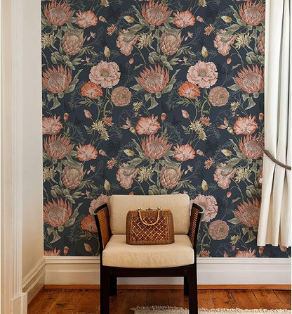 Floral Wallpaper Peel and Stick Floral Contact Paper Dark and Pink Vintage Wall Paper Removable Self Adhesive Vinyl Stick on Wallpaper for Bathroom Bedroom Decor 17.3in x 400in