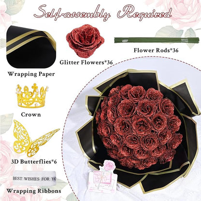 Waipfaru 36 Pcs Glitter Roses Bouquet, DIY Fake Flowers Bouquet, Artificial Red Rose Bouquet for Valentines, Mothers Day Gifts, Anniversary, Engagement, Wedding