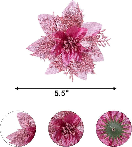 Zhuqing 15Pcs Christmas Poinsettia Artificial Flowers Decorations, Glitter Poinsettia Christmas Tree Ornaments, Black Tree Flowers for Xmas/Wedding/Holiday/Wreath/Garland Decor, with Cilps, 5.5 Inch