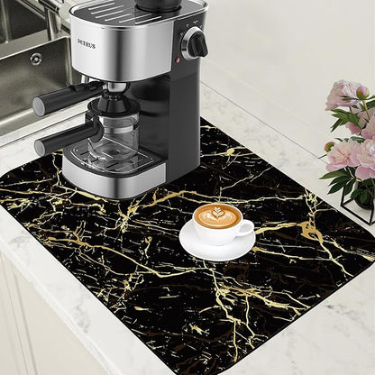Dish Drying Mat Black and Gold Marble Coffee Bar Mat for Countertop - Absorbent, Rubber Backed, Hide Stain Dish Drainer Rack - Coffee Maker Pot Dining Room Decoration 15.7 x 23.6 Inch