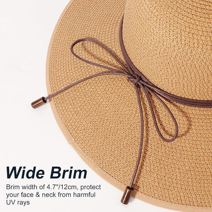 DRESHOW Beach Hats for Women Big Straw Wide Brim Summer Hat Floppy Foldable Roll up Cap Sun Hat UPF 50+