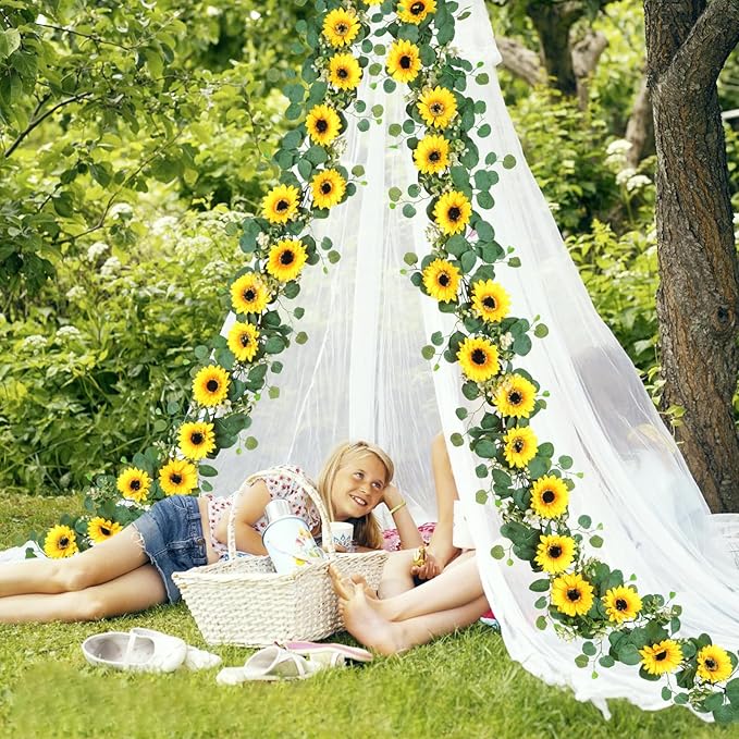 SOMYTING Artificial Sunflower Garland, 2 Packs 6ft Silk Sunflowers Vines Hanging Flowers Garland with Green Leaves for Party Baby Shower Birthday Wedding Room Decor