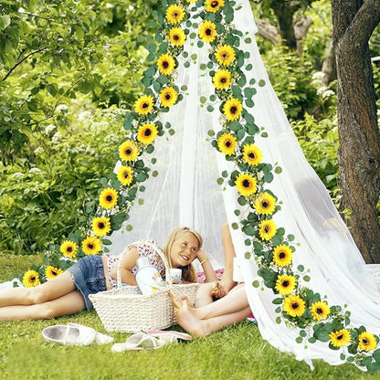 SOMYTING Artificial Sunflower Garland, 2 Packs 6ft Silk Sunflowers Vines Hanging Flowers Garland with Green Leaves for Party Baby Shower Birthday Wedding Room Decor