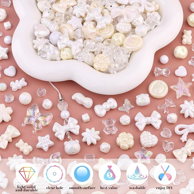 Assorted Acrylic Beads, 200-260PCS White Cute Beads for Bracelet Making, GummyBear Bow Flower Candy Kawaii Charms for Jewelry Making DIY Necklace Keychain Phone Charm Christmas Gift