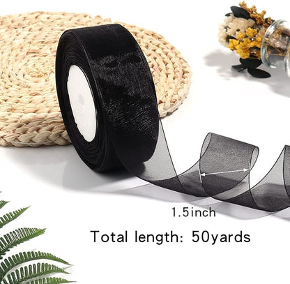 1.5 inch Sheer Organza Ribbon Black Chiffon Ribbon for Gift Wrapping Christmas Halloween Decoration Wedding Bouquet Crafts 50 Yards
