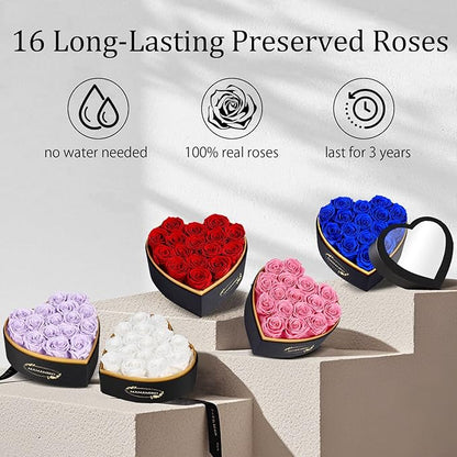 16 Preserved Roses in Heart Shape Gift Box for Her - Forever Flowers for Delivery, Eternal Rose Mothers Gifts for Mom, Wife Anniversary Birthday Gifts for Women, Blue