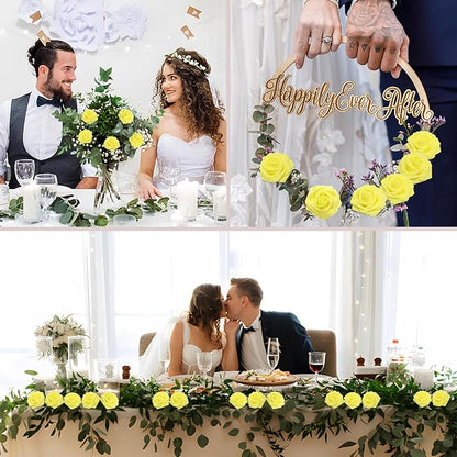 200PCS Yellow Artificial Flowers Roses Real Looking Foam Fake Roses with Leaves for DIY Wedding Bouquets Bridal Shower Party Decorations (Yellow, 200)
