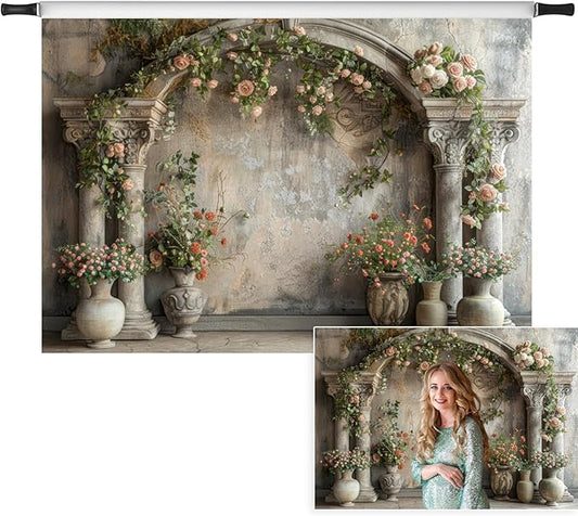 7x5ft Vintage Flower Building Backdrop Blooming Pink Roses Floral Wildflower Medieval Building Background for Mothers Day Bridal Shower Baby Shower Birthday Women Couples Portrait