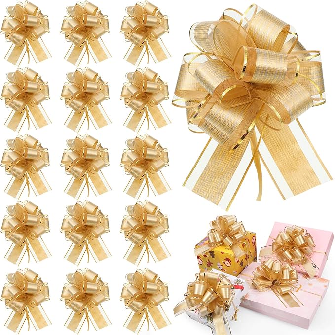 WILLBOND 20 Pieces 6 Inch Pull Bows Gift Wrapping Ribbon Pull Bows for Christmas Wedding Baskets Valentine Multicolor Wrap Accessory for Gift Present Holiday Decor(Gold)