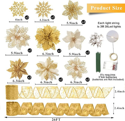 RECUTMS 72 Pcs Poinsettia with Snowflakes & Ribbon, 9 Designs Glitter Gold Artificial Christmas Flowers for Xmas Tree & Wedding Wreath Decor(Gold)