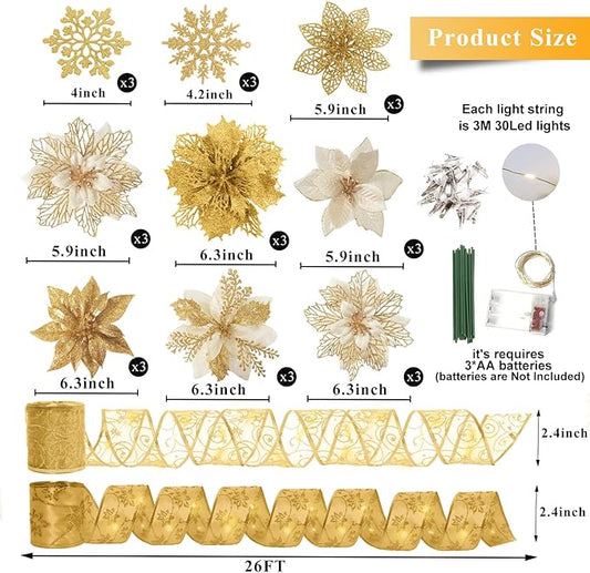 RECUTMS 72 Pcs Poinsettia with Snowflakes & Ribbon, 9 Designs Glitter Gold Artificial Christmas Flowers for Xmas Tree & Wedding Wreath Decor(Gold)