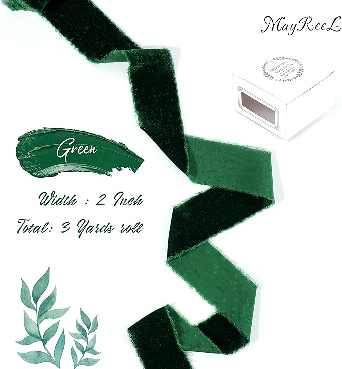 MAYREEL 2 Inch Green Velvet Ribbon Hand Torn Forest Green Silk Frayed Edge for Christmas Gift Wrapping Bridal Bouquets Invitations Wedding Vow Books Gift Baskets 3 Yards