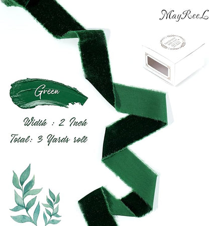 MAYREEL 2 Inch Green Velvet Ribbon Hand Torn Forest Green Silk Frayed Edge for Christmas Gift Wrapping Bridal Bouquets Invitations Wedding Vow Books Gift Baskets 3 Yards