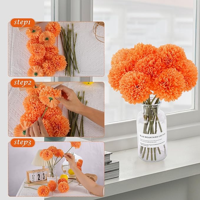 12 Pcs Artificial Chrysanthemums Fall Flowers Silk Orange Marigolds Flowers Fake Mums Flower for Autumn Dia de Los Muertos Diwali Day of The Dead Home Decor (12, Orange)