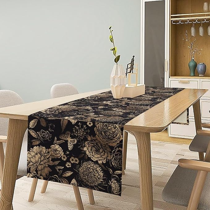 Gold Black Floral Table Runner, Vintage Peony Flower Blossom Butterfly Rustic Plant Leaves Gothic Dark Floral Table Runner for Farmhouse Cottage Kitchen Dining Table Decor, 13x108inch