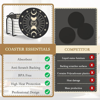 6-Pack Moon Phase Coasters Set with Holder - Absorbent Ceramic Drink Pads, Non-Slip Table Protectors for Coffee & Glasses