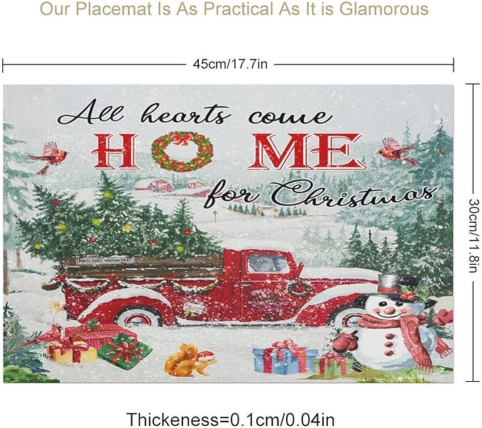 Merry Christmas Placemats Buffalo Plaid Red Truck with Christmas Tree, Winter Snowy Snowflake Snowman Placemats Table Kitchen Dining Party 12x18 Inch Set of 6